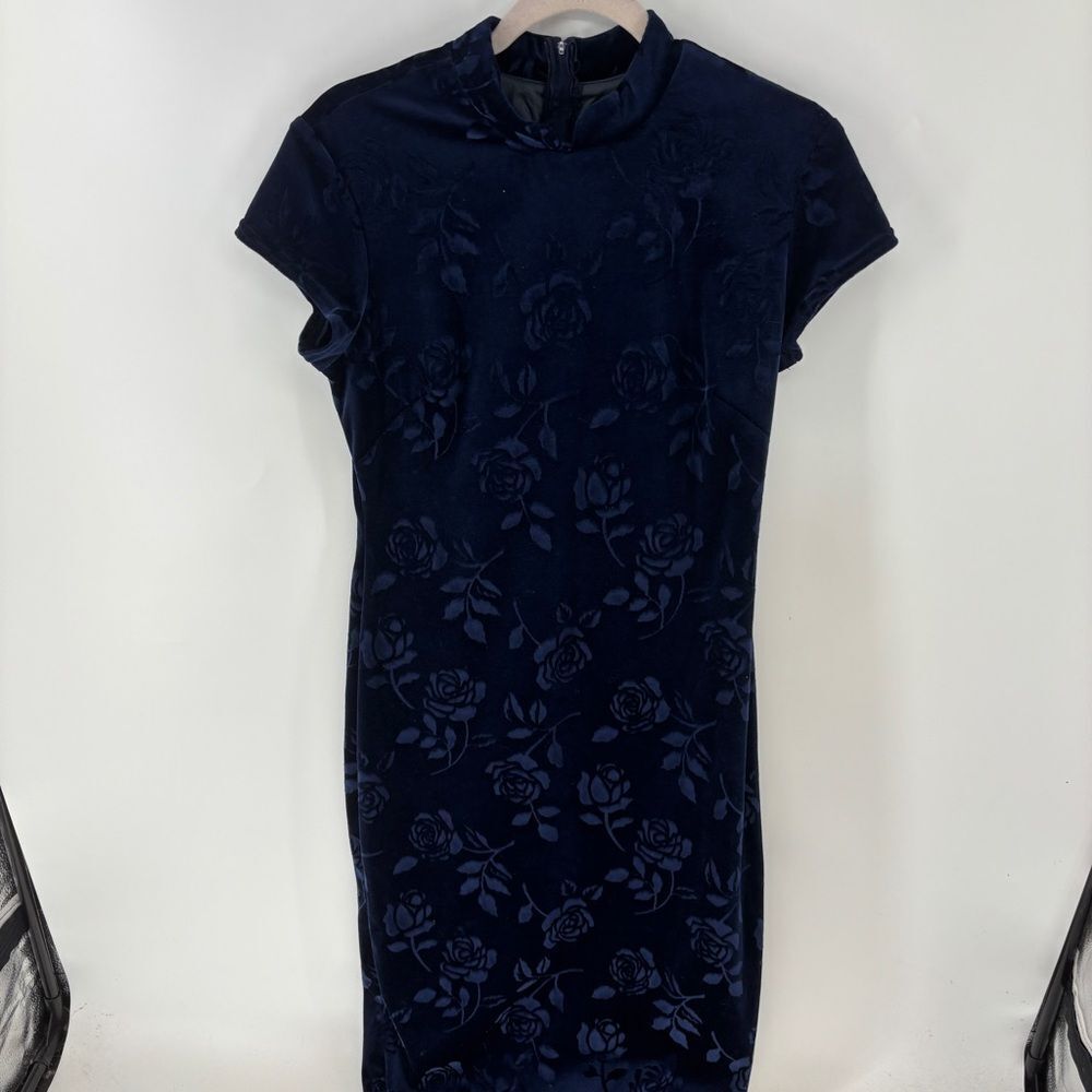 Vintage Blue notched Mock Neck Sheath cap sleeve Midi Dress velvet rose pattern